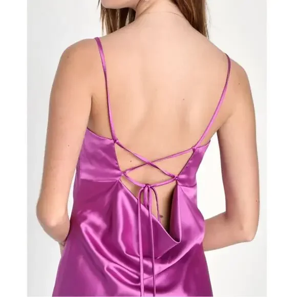 NEW Lulus Chic Allure Purple Satin Lace-Up Cowl Back Mini Slip Dress Medium - Picture 3 of 7
